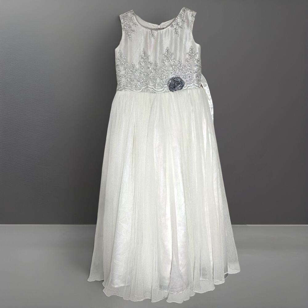 Girls White Formal Dress with Silver Embroidery & Built-in Petticoat